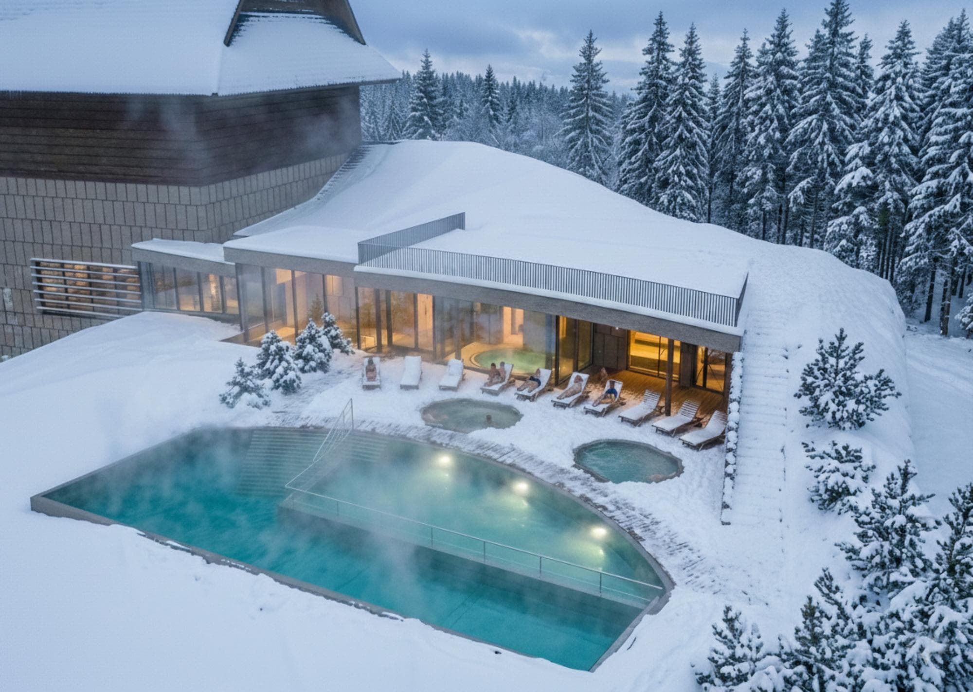 Radisson Zakopane — widok na zewnętrzne baseny termalne w zimowej scenerii