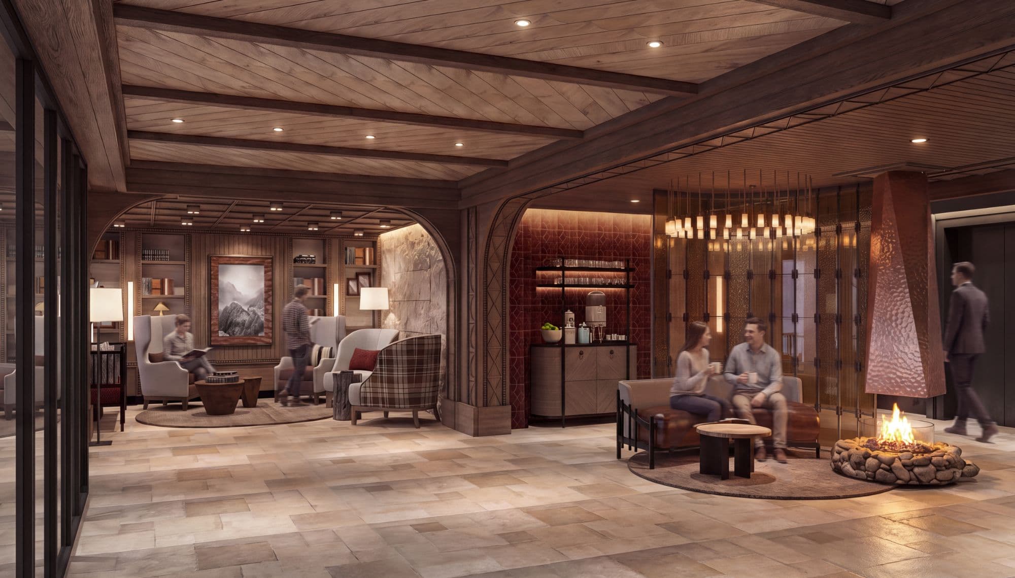 Radisson Zakopane — strefa wypoczynkowa w lobby z kominkiem i biblioteką