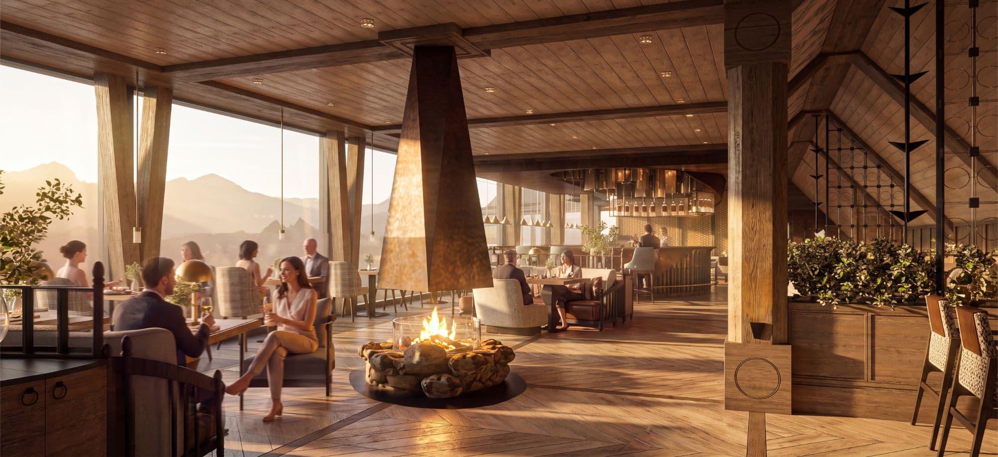 Radisson Zakopane — lounge z kominkiem i widokiem na Tatry o zachodzie słońca