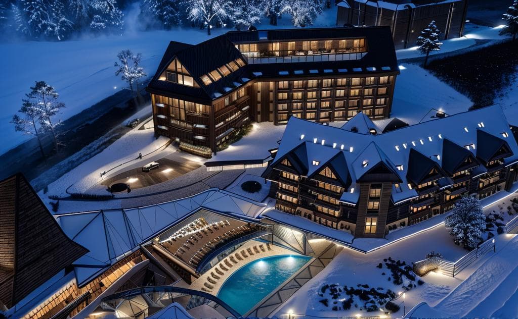 Radisson Residences Zakopane — widok z lotu ptaka na kompleks o zmierzchu w zimie z oświetlonym basenem zewnętrznym i leżakami